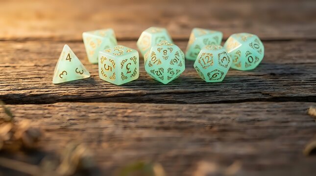 Set of mint green polyhedral gaming dice with golden numbers on rustic wooden surface for tabletop role-playing games and board game adventures.