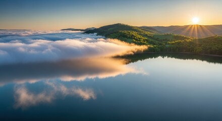 Fototapeta premium Serene Lake Landscape at Sunrise with Fog and Reflections.