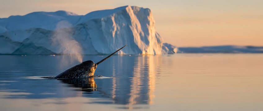 Narwhal swimming in Arctic waters at sunset with icebergs in background, showcasing marine wildlife in pristine polar environment during golden hour.
