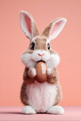 Obraz premium Cute fluffy bunny holding a chocolate Easter egg on pastel pink background for spring celebration