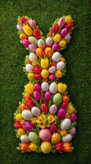 Fototapeta premium Easter bunny shape made of colorful tulips and decorated eggs on green grass