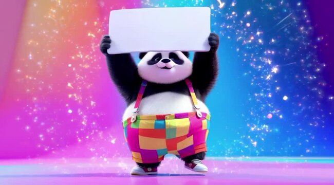 Ilustracao de panda segurando cartaz em branco fundo colorido divertido infantil
