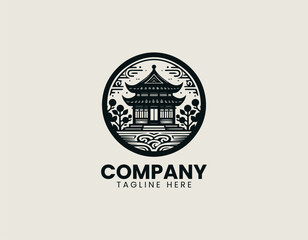 Traditional Asian house near water with circular frame is presented as clean monochrome vector logo on white background