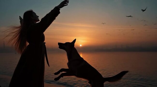 Mulher com cachorro expressando liberdade ao ar livre conexao e felicidade natural