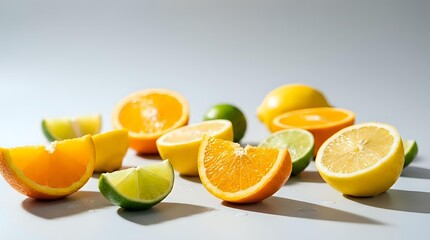 Fresh citrus fruits sliced and whole including oranges, lemons, and limes arranged on white surface for healthy eating and vitamin C nutrition concepts.