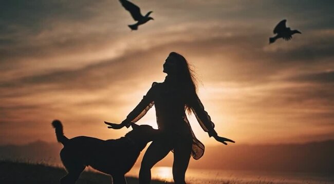 Mulher com cachorro expressando liberdade ao ar livre conexao e felicidade natural