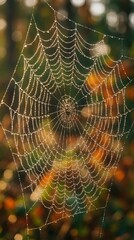 Spider web covered in morning dew drops with colorful autumn bokeh background creating natural geometric patterns in forest setting.