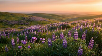 Fototapeta premium Purple wildflower meadow at golden hour sunset with rolling hills landscape for nature photography and outdoor adventure content.