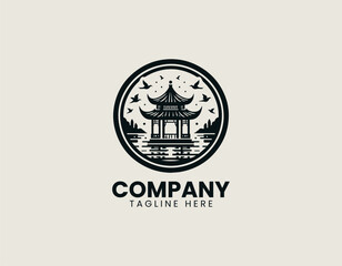 Traditional Asian lakeside pavilion with birds and reflection is presented as clean monochrome vector logo on white background for cultural travel branding use