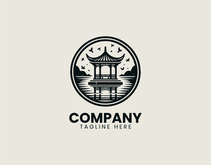 Traditional Asian lakeside pavilion with birds and reflection is presented as clean monochrome vector logo on white background for cultural travel branding use