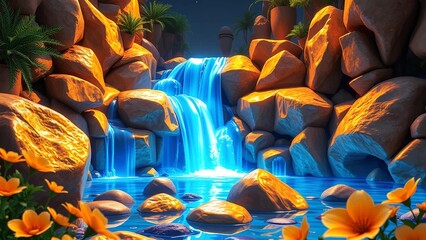 Fototapeta premium Vibrant Fantasy Waterfall with Glowing Blue Water, Orange Rocks, and Exotic Flowers