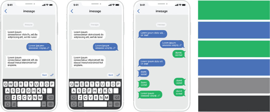 Mobile Messaging App Interface Screens with Chat Conversation Layout, Keyboard Input, and Modern UI Design Vector Set