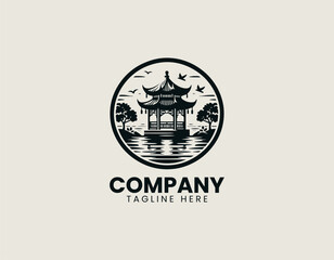 Traditional Asian lakeside pavilion with birds and reflection is presented as clean monochrome vector logo on white background for cultural travel branding use