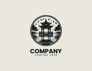 Traditional Asian lakeside pavilion with birds and reflection is presented as clean monochrome vector logo on white background for cultural travel branding use