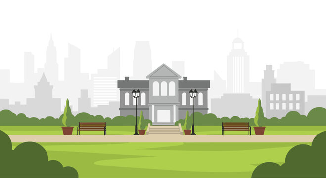 A gray neoclassical municipal building stands behind a green lawn and walking path with wooden benches and black lamp posts in a city park setting.