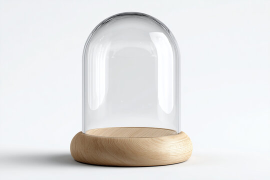 Empty Glass Dome Bell Jar on Wooden Base White Background