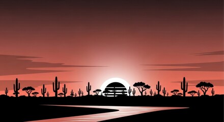 Serene Desert Sunset - Silhouette of Cacti and Trees Landscape.