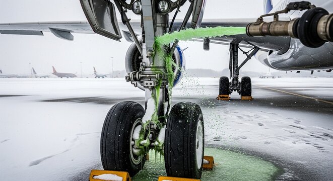 A real-life photo of an airplane landing gear being sprayed with bright green de-icing fluid on a snowy airport runway