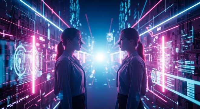 Two identical individuals stand in a glowing digital world, confronting their parallel existence in a complex virtual simulation environment, artificial, quantum, intelligence
