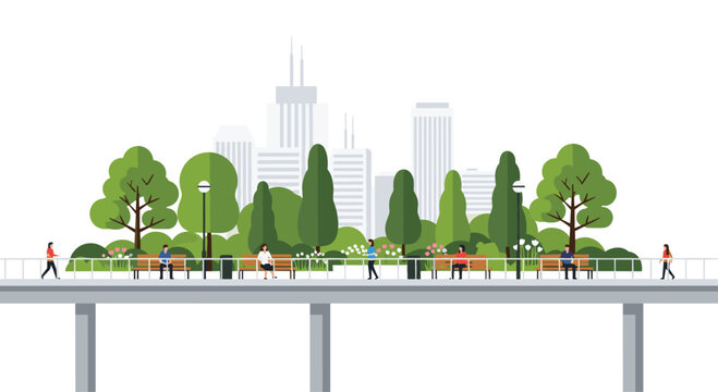 Several people walk and sit on benches along a modern elevated pedestrian walkway lined with green trees and flowers against a white city skyline background.