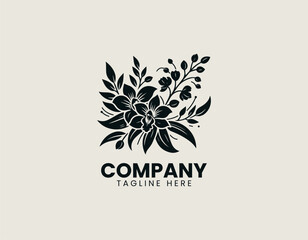 Obraz premium Elegant orchid flowers with buds and flowing leaves are presented as clean monochrome vector logo on white background for floral branding use