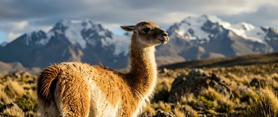 Fototapeta premium Brown llama standing in Andean highland landscape with snow-capped mountain peaks and golden grassland under dramatic cloudy sky at sunset.