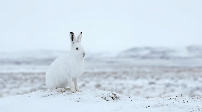 White arctic hare sitting in snowy winter landscape with blurred mountains in background. Wildlife photography showcasing seasonal camouflage adaptation.