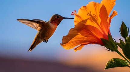 Fototapeta premium Hummingbird feeding on vibrant orange hibiscus flower against blue sky at sunset, wildlife nature photography for garden and bird watching content.