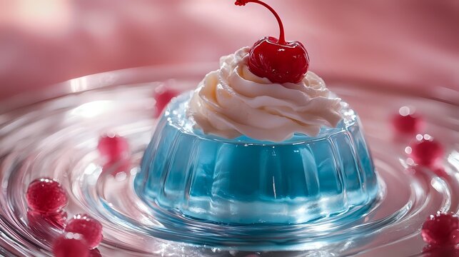 Blue gelatin dessert with white cream swirl and cherry on top surrounded by fresh berries on glossy surface for food photography and culinary content.