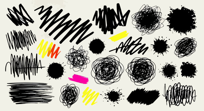 Cole&ccedil;&atilde;o de rabiscos, tra&ccedil;os e manchas de tinta preta e colorida em estilo grunge, ideal para designs art&iacute;sticos e fundos abstratos.