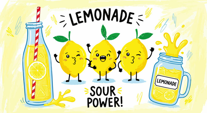 Ilustra&ccedil;&atilde;o divertida de limonada fresca com lim&otilde;es sorridentes e a frase "Sour Power!", perfeita para o ver&atilde;o.