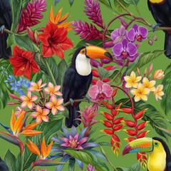 Seamless vector pattern with toucans and colorful tropical flowers isolated on a changeable background. © Anna