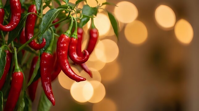 Fresh red chili peppers growing on plant with warm bokeh lights background for culinary cooking spice harvest organic garden agriculture food ingredient.
