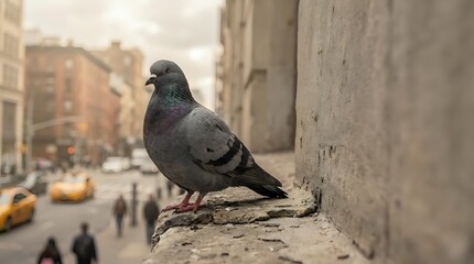 Urban pigeon perched on stone ledge with blurred city street background featuring yellow taxis and pedestrians in soft natural lighting.