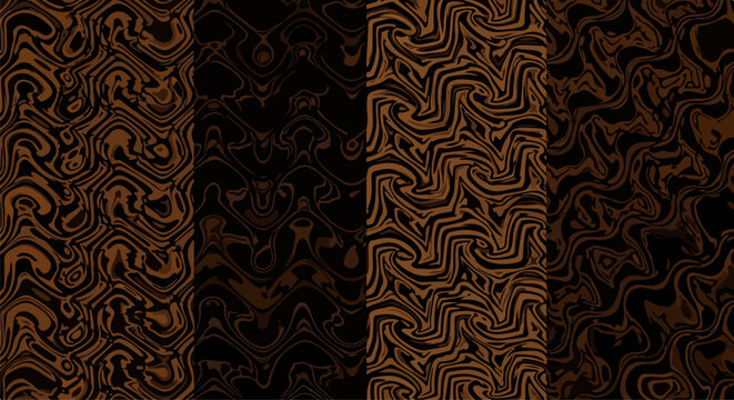 Quatro pain&eacute;is verticais com padr&otilde;es abstratos e org&acirc;nicos em tons de marrom e preto, criando uma textura fluida e moderna para fundos digitais.