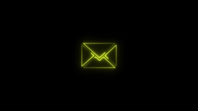 Abstract Neon Line yellow Email Box Animation on black background. 4k video