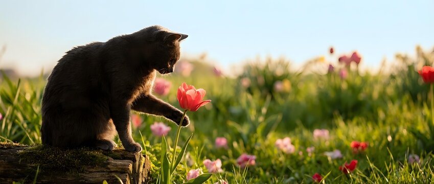 Curious black kitten exploring vibrant spring garden with blooming pink tulips during golden hour sunset light creating warm outdoor scene for pet lovers.