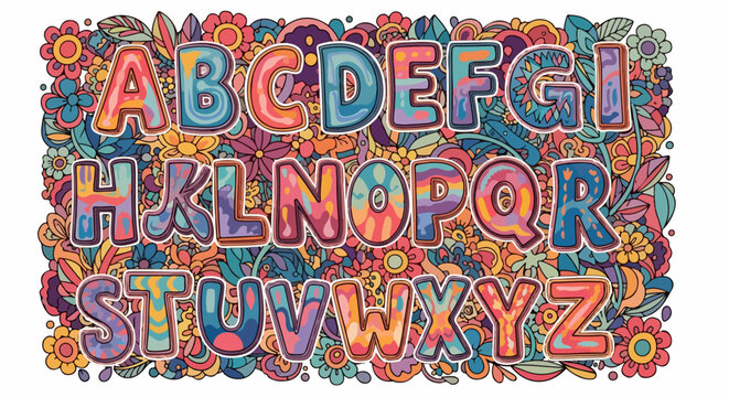 Alfabeto completo de A a Z com letras coloridas em estilo psicod&eacute;lico tie-dye e fundo floral detalhado, ideal para design infantil e educa&ccedil;&atilde;o.