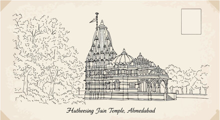 Fototapeta premium Ilustração em estilo vintage do Templo Jain Hathisingh em Ahmedabad, Índia, com arquitetura intrincada e paisagem serena, evocando uma antiga gravura.