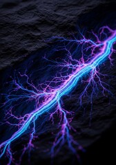 Close up of intricate glowing blue and purple crystal veins running through dark, rough stone, suggesting hidden power or magic, purple, deposit, rough