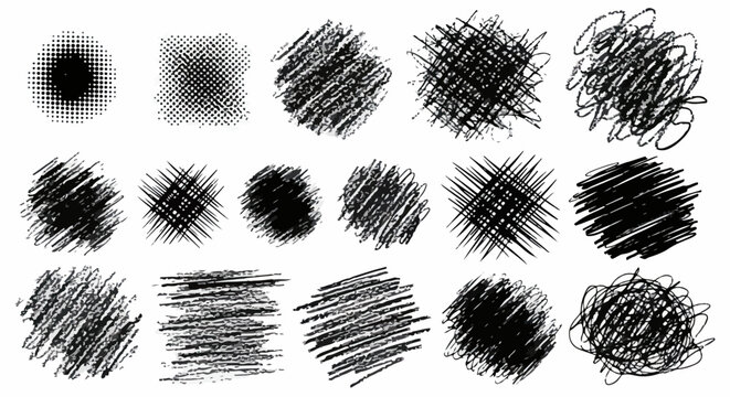 Cole&ccedil;&atilde;o de rabiscos, hachuras e texturas de meio-tom em preto e branco, ideais para elementos gr&aacute;ficos e fundos de design.