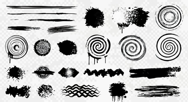 Cole&ccedil;&atilde;o de elementos gr&aacute;ficos abstratos em preto e branco, com pinceladas, manchas de tinta, espirais e texturas grunge para design criativo.