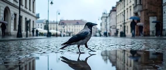 Obraz premium Black crow walking on wet cobblestone street with reflection in puddle, historic European city architecture in background, urban wildlife photography.
