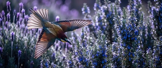 Fototapeta premium Hummingbird with spread wings hovering over blooming purple lavender flowers in garden during golden hour creating peaceful nature scene.