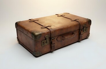 Vintage brown leather suitcase with metal buckles and clasps isolated on white background for travel and retro design projects.