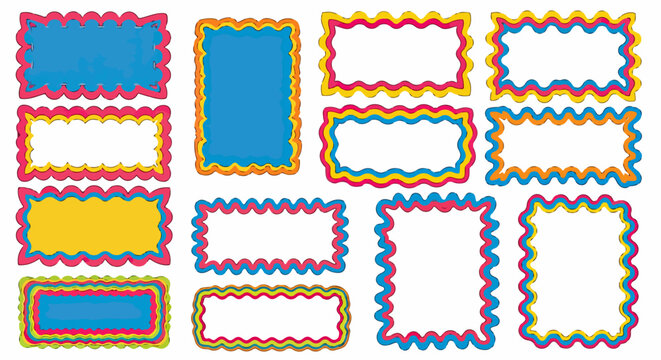 Cole&ccedil;&atilde;o vibrante de molduras e r&oacute;tulos ondulados em tons de azul, amarelo, rosa e laranja, perfeitos para designs infantis e festivos.