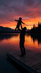 Fototapeta premium Father throwing child in air at sunset lake dock creating magical family bonding moment with dramatic orange purple sky reflection on calm water.