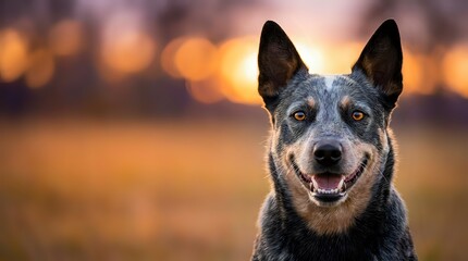 Happy Australian cattle dog portrait with warm bokeh lights background creating cozy evening atmosphere for pet photography and animal lover content.