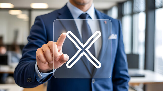 Businessman touching a Business picture transparent screen with a white cross symbol image photo