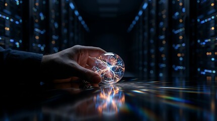 Hand holding glowing crystal ball with vibrant electric blue and orange lights